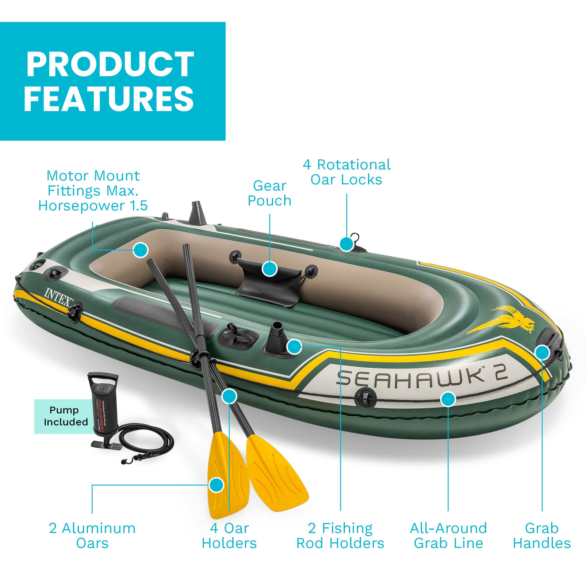 Intex Seahawk 2 Inflatable 2 Person Floating Boat Raft Set with Oars & Air Pump