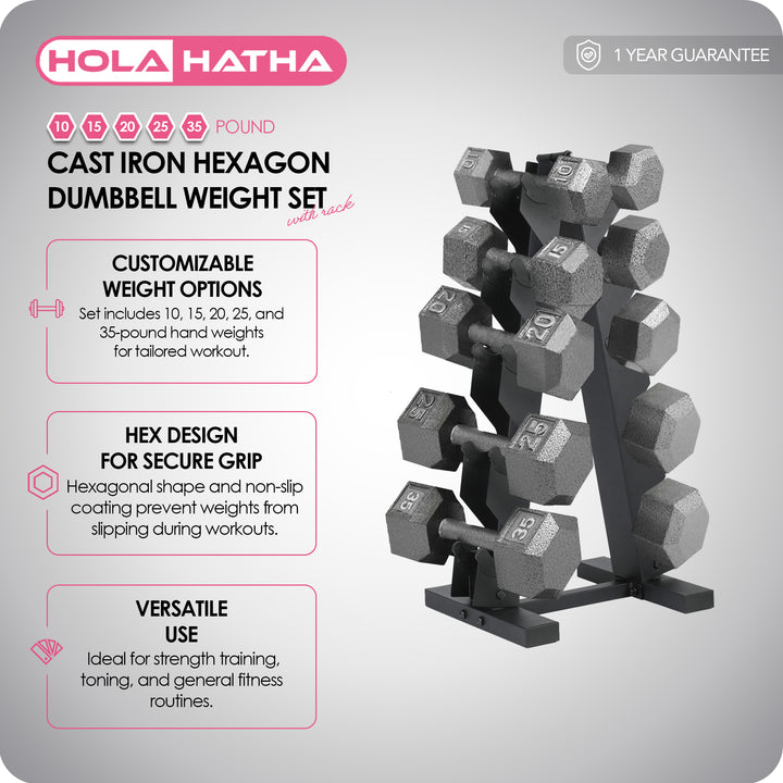 HolaHatha 10, 15, 20, 25, 35lb Cast Iron Dumbbell Free Hand Weight Set with Rack - VMInnovations