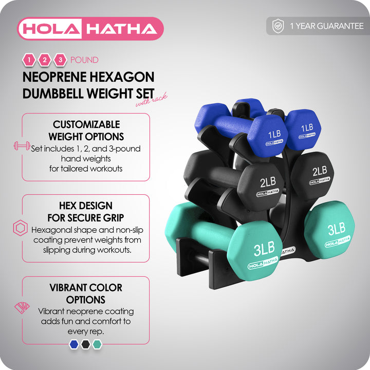 HolaHatha 1, 2 and 3 lb Neoprene Dumbbell Strength Training Weight Set with Rack