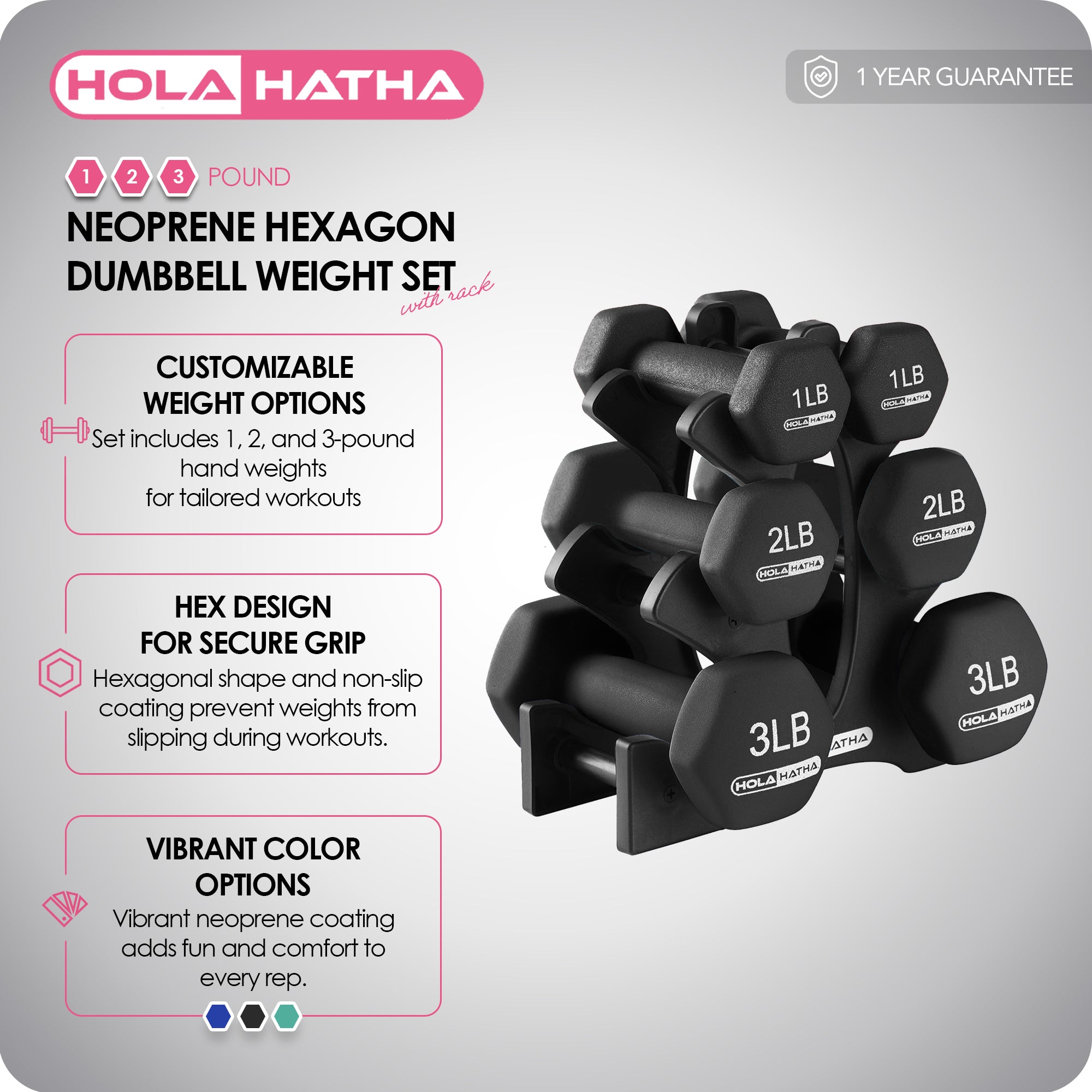 HolaHatha 1, 2 & 3lb Neoprene Dumbbell Training Weight Set w/Rack(Open Box) - VMInnovations