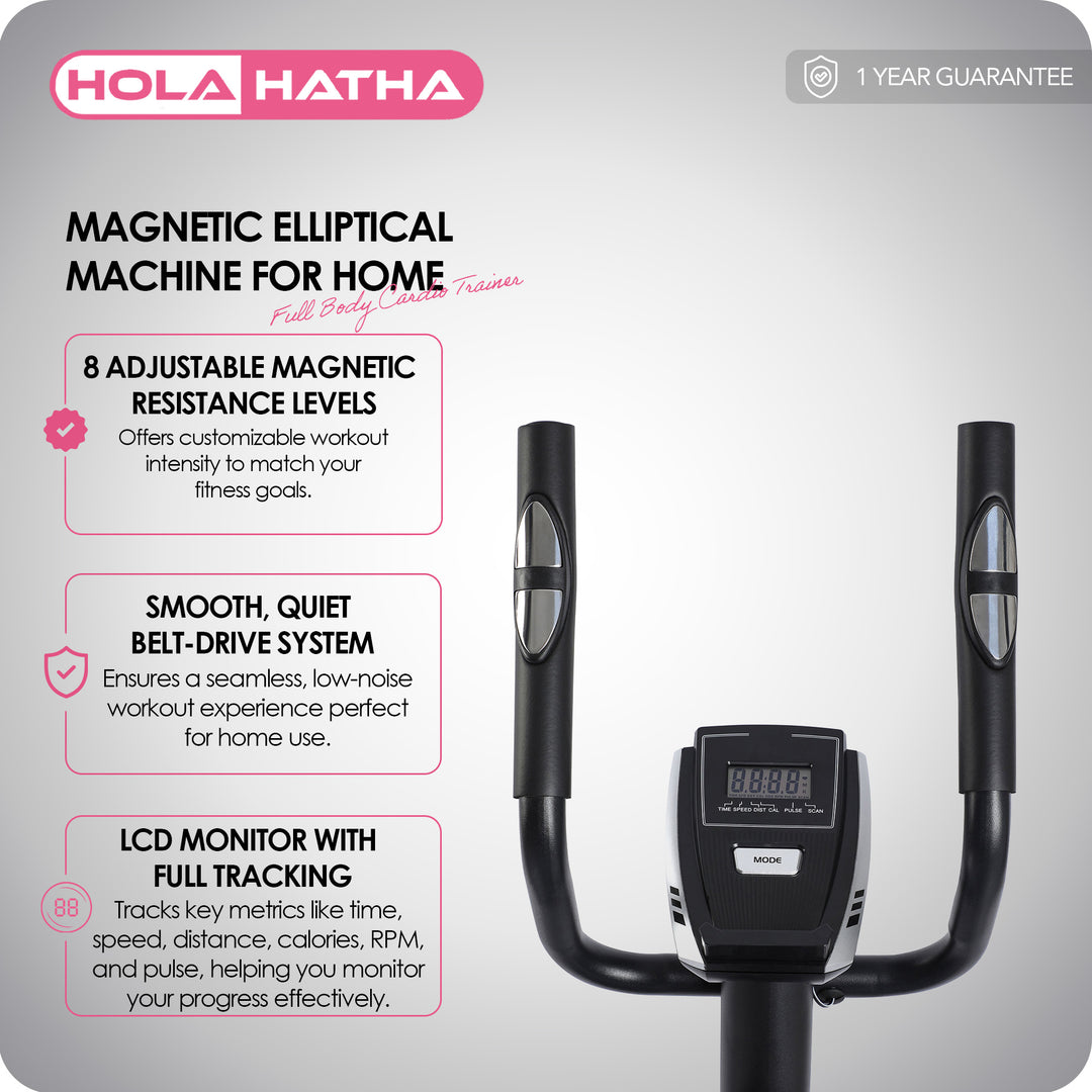 HolaHatha Magnetic Elliptical Machine for Home, Full Body Cardio Trainer, Black - VMInnovations