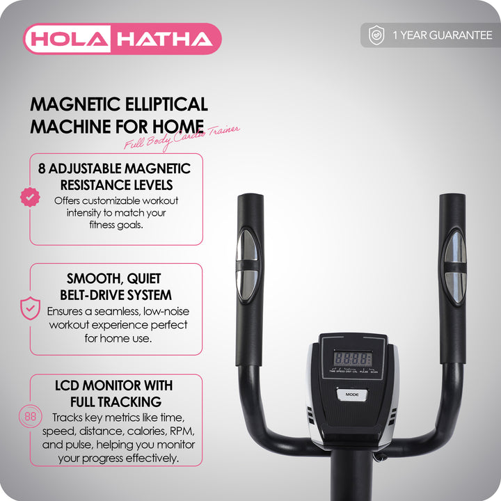 HolaHatha Magnetic Elliptical Machine for Home, Full Body Cardio Trainer, Black - VMInnovations