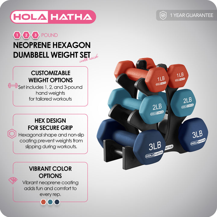 HolaHatha 1, 2 and 3 lb Neoprene Dumbbell Strength Training Weight Set with Rack