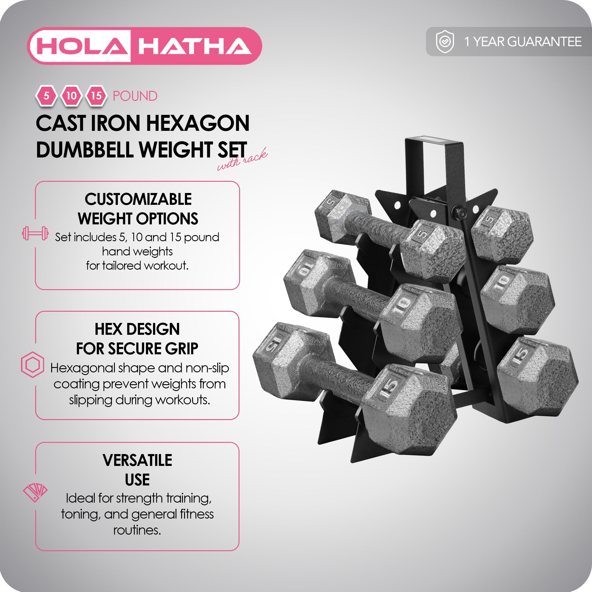 HolaHatha 5, 10 and 15 Pound Cast Iron Dumbbell Free Hand Weight Set with Rack - VMInnovations