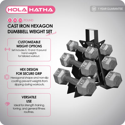 HolaHatha 5, 10 and 15 Pound Cast Iron Dumbbell Free Hand Weight Set with Rack - VMInnovations