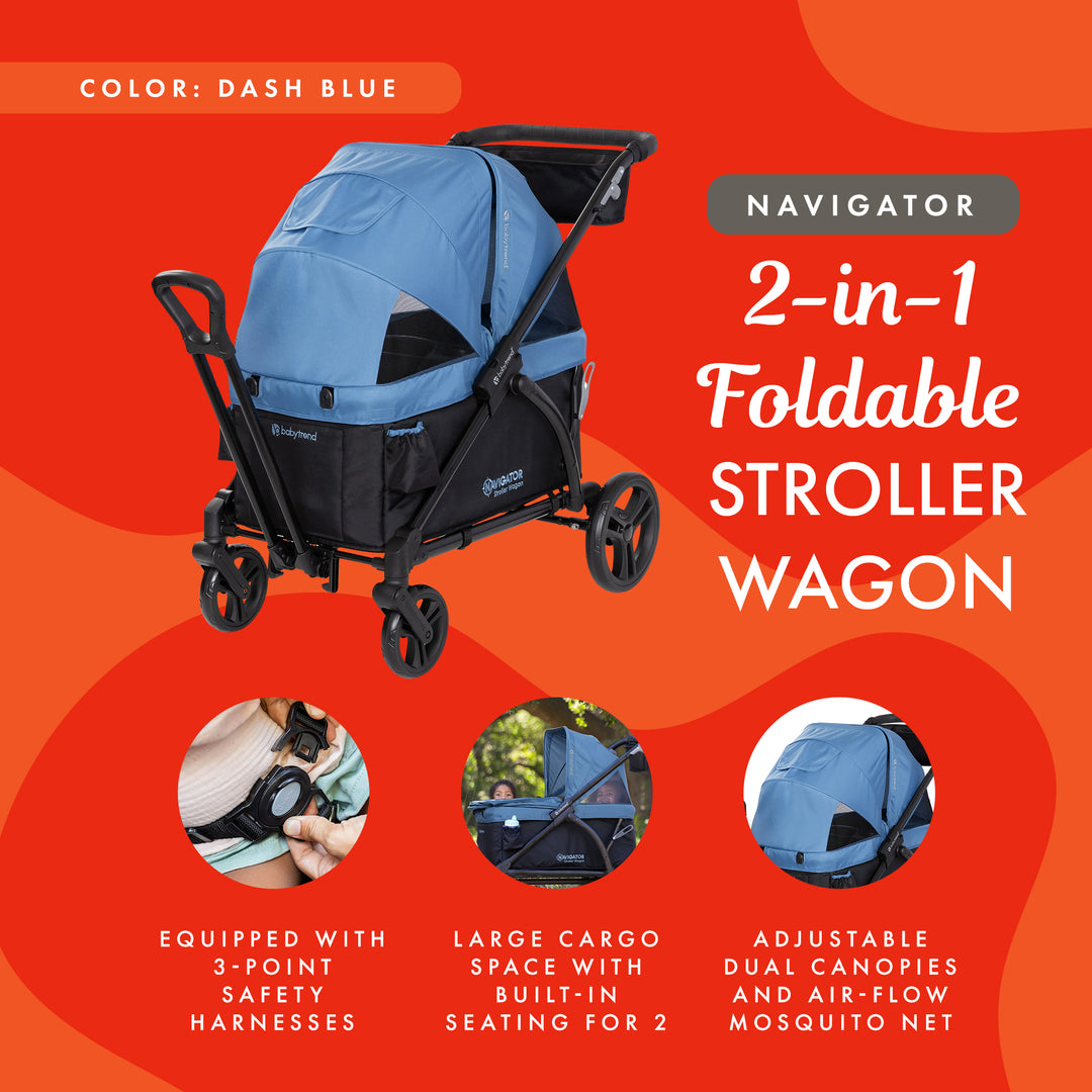 Baby Trend Navigator 2-in-1 Foldable Stroller Wagon with Dual Canopy, Dash Blue