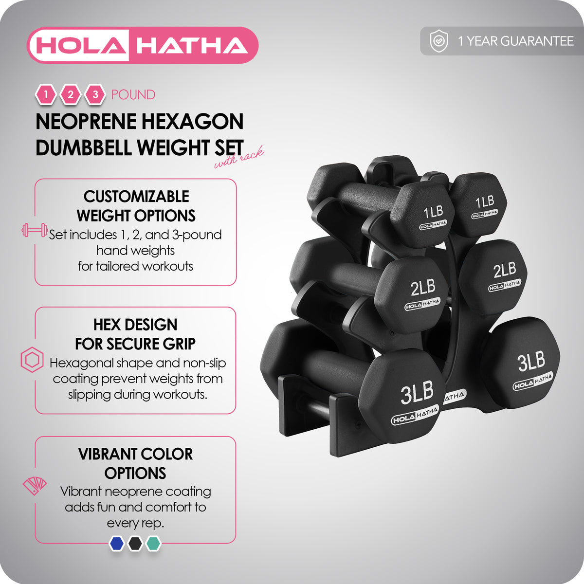 HolaHatha 1, 2 & 3lb Neoprene Dumbbell Training Weight Set w/Rack(Open Box)