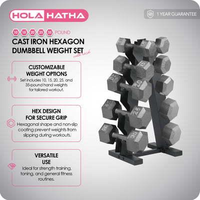 HolaHatha 10, 15, 20, 25, 35lb Cast Iron Dumbbell Free Hand Weight Set with Rack