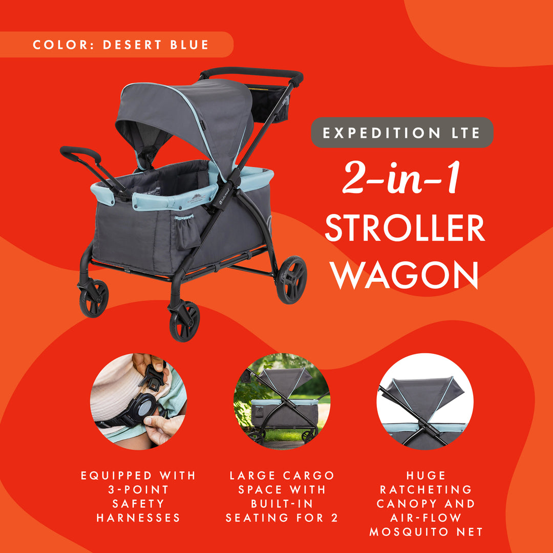 Baby Trend Expedition LTE 2-in-1 Stroller Wagon w/ Storage & Canopy, Desert Blue