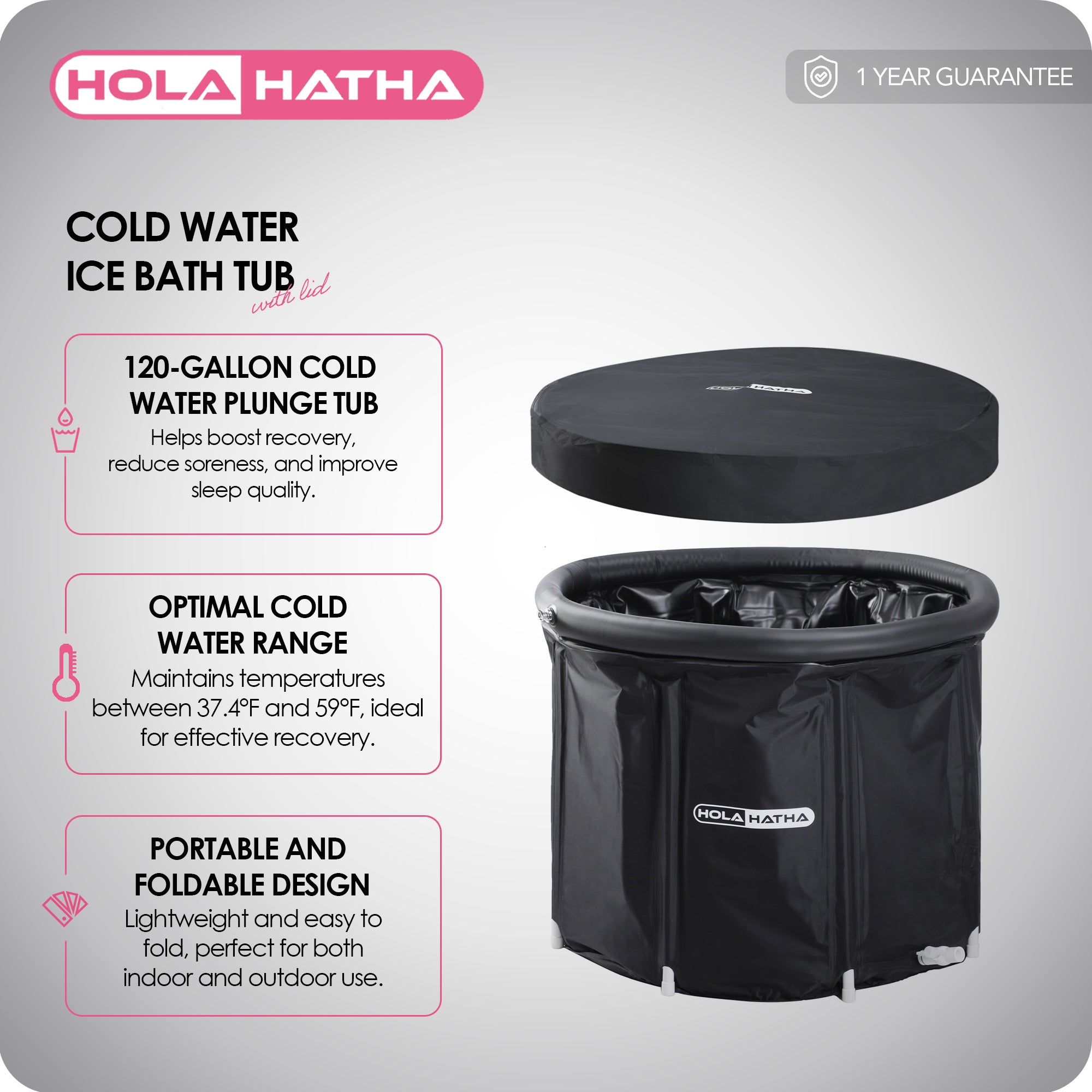 HolaHatha 120 Gal Water Ice Bath Tub, Portable Plunge Recovery Tub w/Lid (Used) - VMInnovations