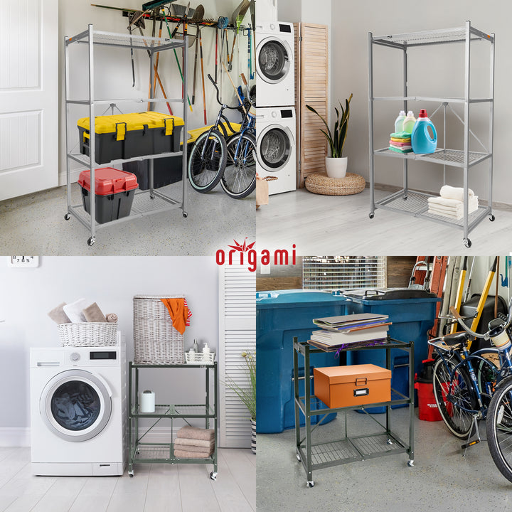 Origami 4 Tier Folding Storage Rack Unit w/ Set of 4 Magnetic Wire Shelf Liners - VMInnovations
