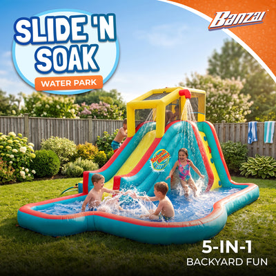 Banzai Slide N' Soak Inflatable Outdoor Kids Splash Pool Water Park Play Center