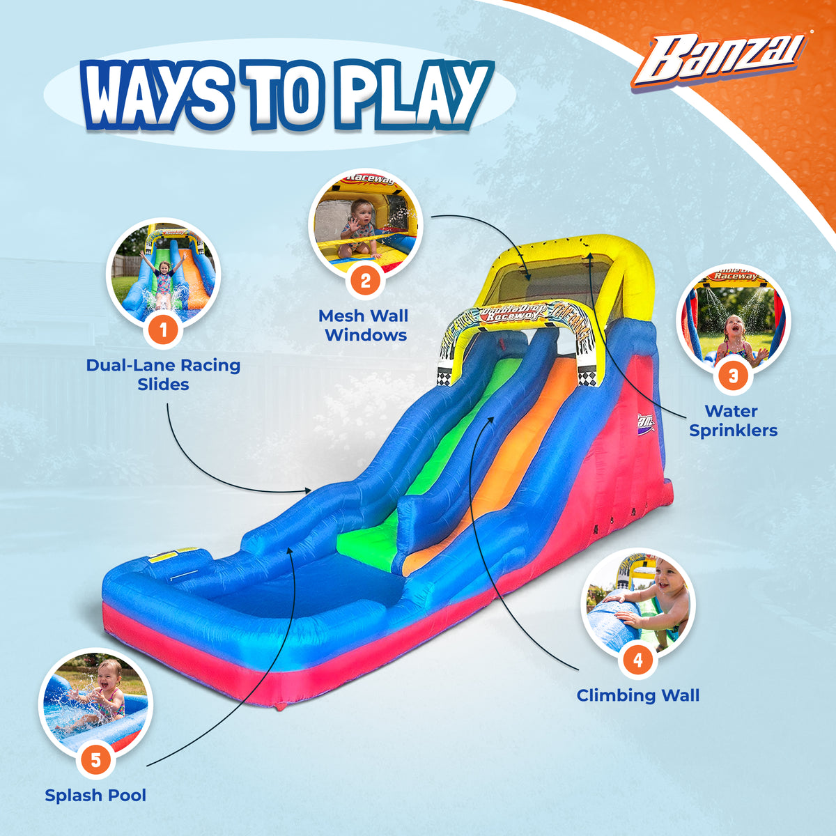 Banzai Double Drop Raceway 2 Lane Inflatable Kids Bounce Water Slide (Used)