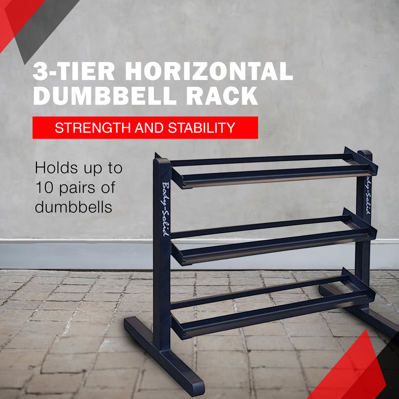 Body Solid 3 Tier Horizontal Dumbbell Rack with Heavy Gauge Steel Construction - VMInnovations