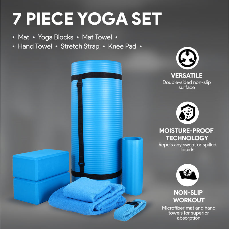 BalanceFrom 7pc Yoga Set with Mat, Stretch Strap, & Knee Pad, Blue (Open Box)