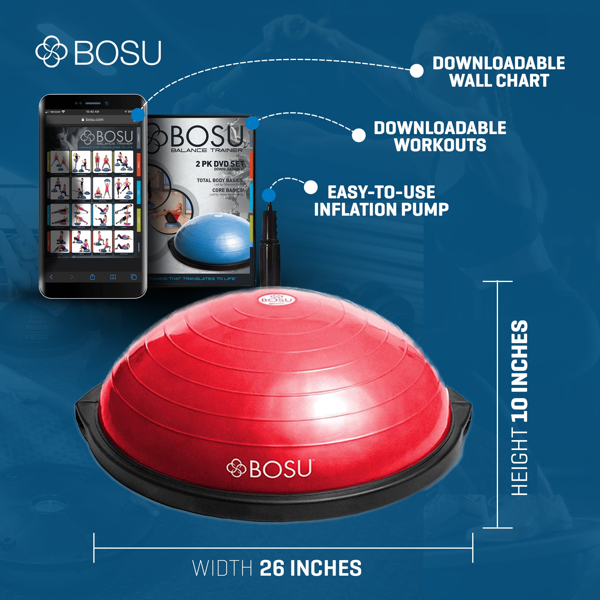 Bosu Home Gym The Original Balance Trainer 65 cm Diameter Red & Black (Open Box) - VMInnovations