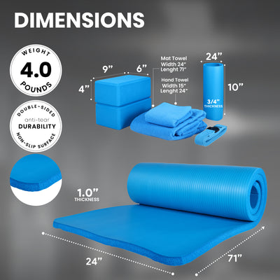 BalanceFrom 7pc Yoga Set with Mat, Stretch Strap, & Knee Pad, Blue (Open Box)