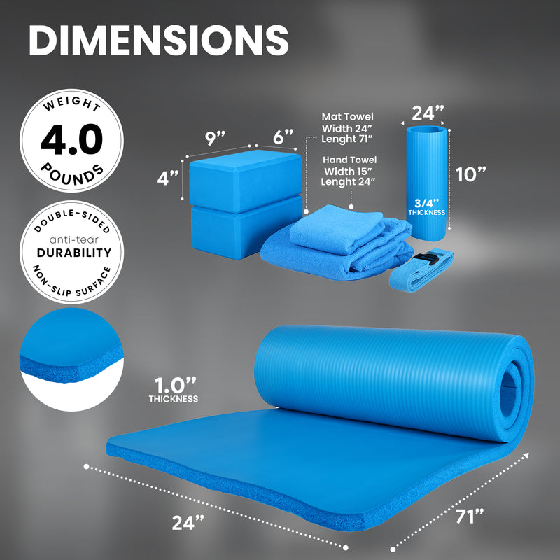 BalanceFrom 7pc Yoga Set with Mat, Stretch Strap, & Knee Pad, Blue (Open Box)