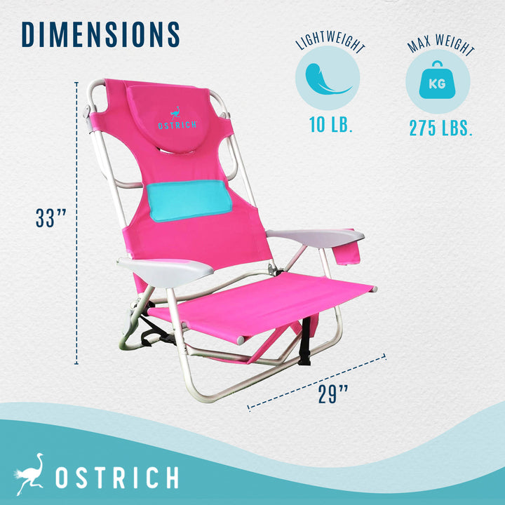 Ostrich Outdoor Beach Ladies Comfort On Your Back Beach Chair, Pink (3 Pack)