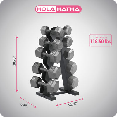 HolaHatha 10, 15, 20, 25, 35lb Cast Iron Dumbbell Free Hand Weight Set with Rack