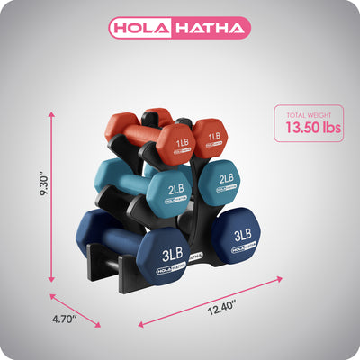 HolaHatha 1, 2 and 3 lb Neoprene Dumbbell Strength Training Weight Set with Rack