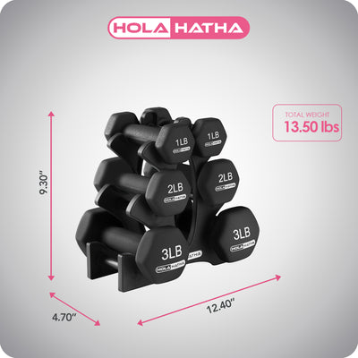 HolaHatha 1, 2 & 3lb Neoprene Dumbbell Training Weight Set w/Rack(Open Box) - VMInnovations
