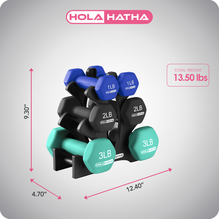 HolaHatha 1, 2 and 3 lb Neoprene Dumbbell Strength Training Set w/Rack(Open Box)