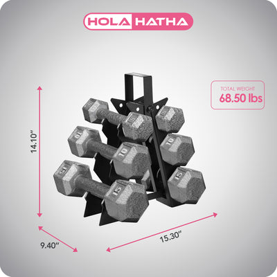 HolaHatha 5, 10 and 15 Pound Cast Iron Dumbbell Free Hand Weight Set with Rack