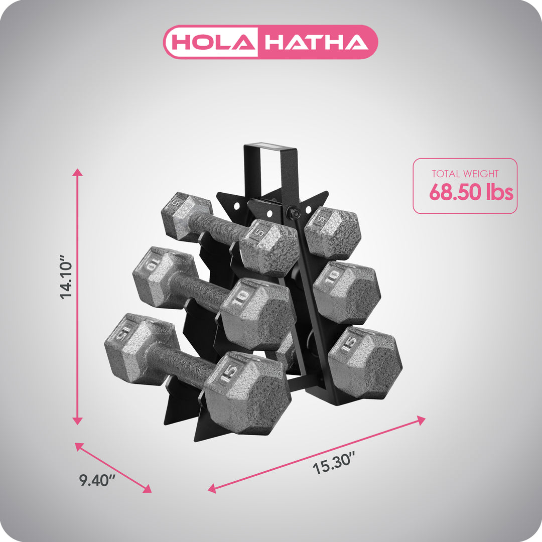 HolaHatha 5, 10 and 15 Pound Cast Iron Dumbbell Free Hand Weight Set with Rack - VMInnovations