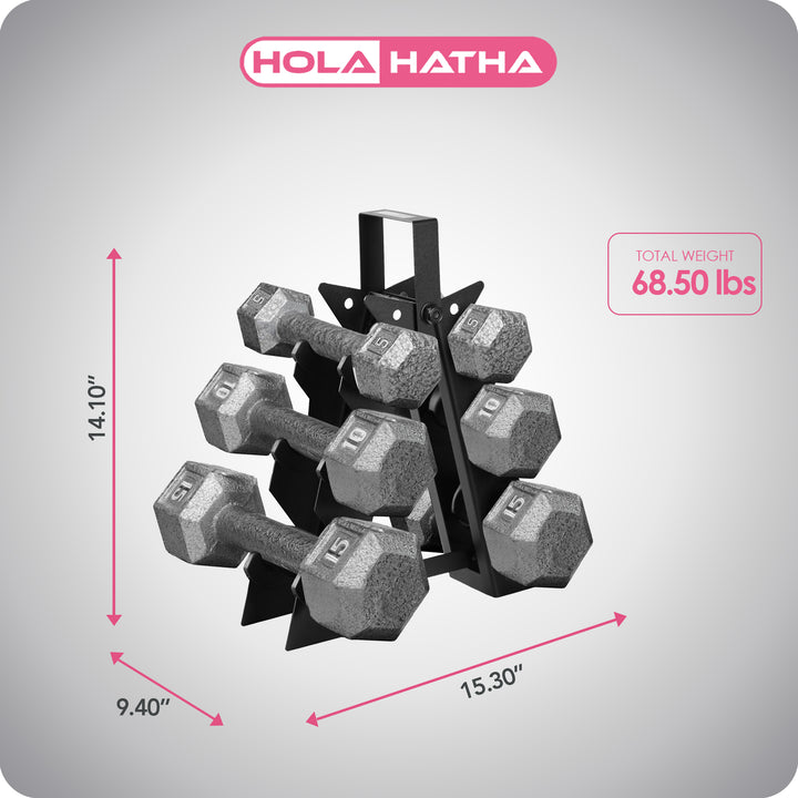 HolaHatha 5, 10 and 15 Pound Cast Iron Dumbbell Free Hand Weight Set with Rack - VMInnovations