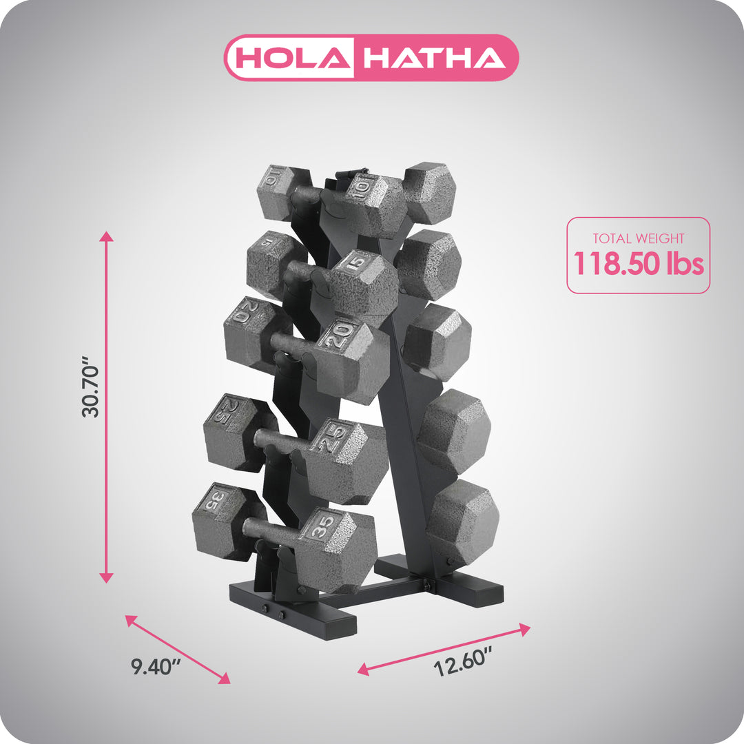 HolaHatha 10, 15, 20, 25, 35lb Cast Iron Dumbbell Free Hand Weight Set with Rack - VMInnovations