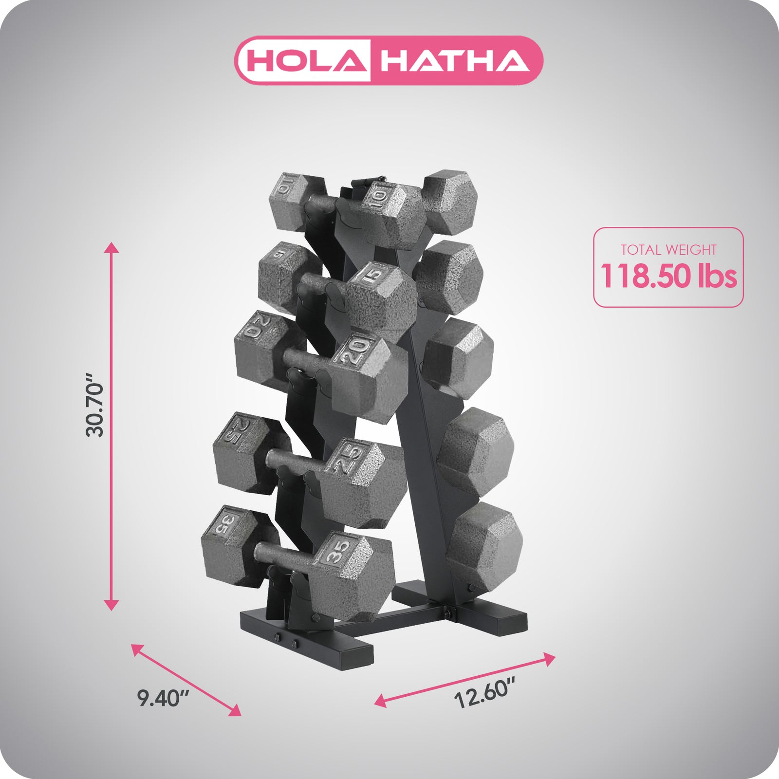HolaHatha 10, 15, 20, 25, 35lb Cast Iron Dumbbell Free Hand Weight Set with Rack - VMInnovations