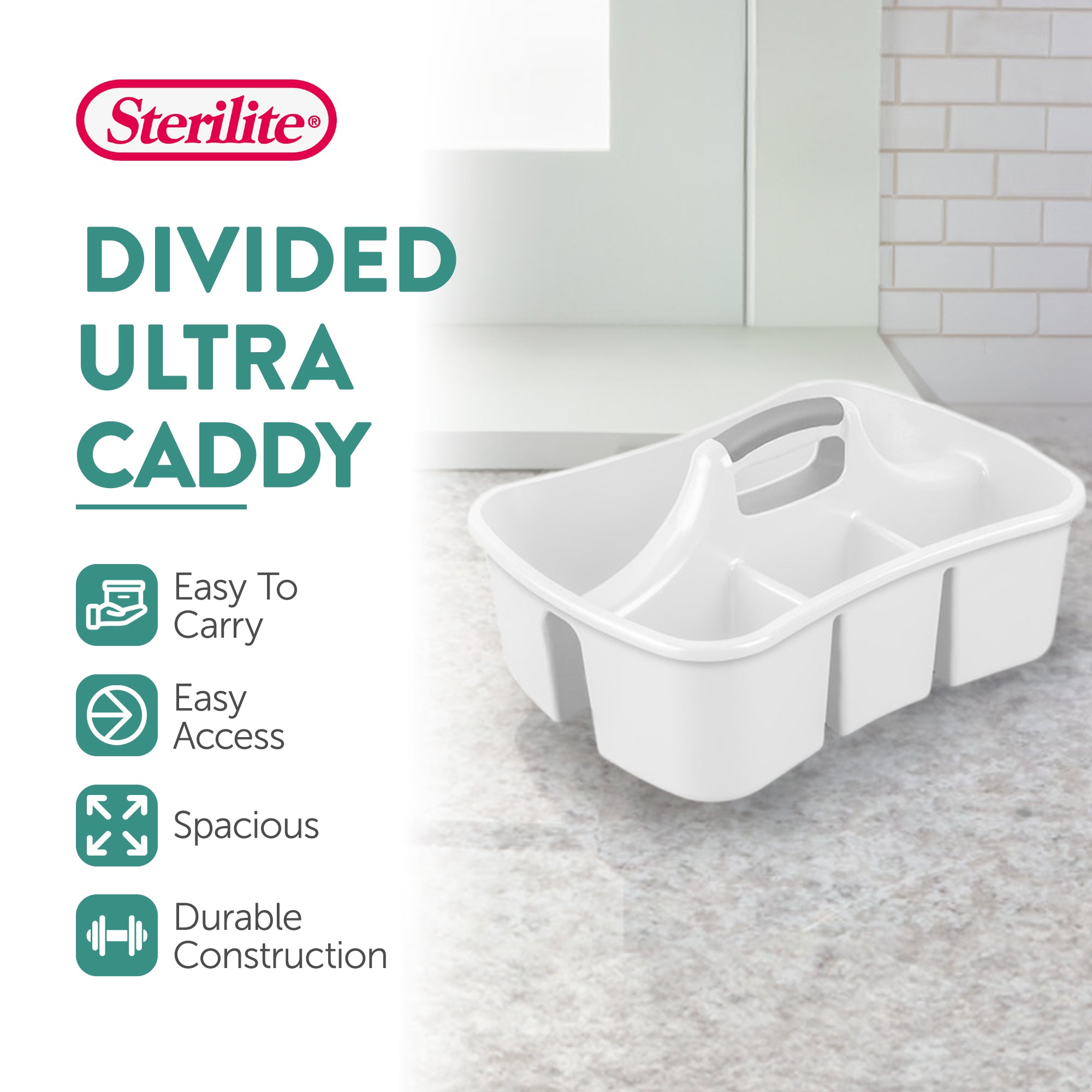 Sterilite Divided Storage Ultra Caddy Portable Storage Organizers, White, 6 Pack - VMInnovations