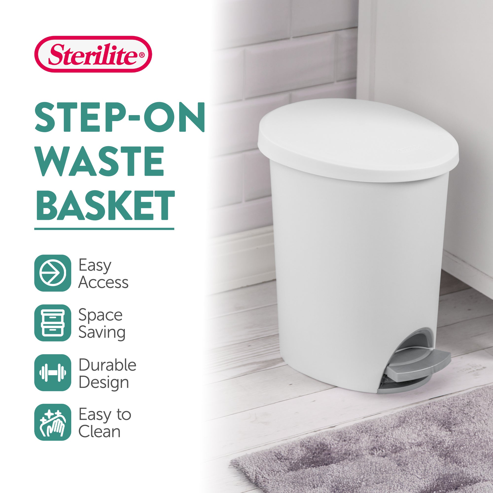 Sterilite 10818002 2.6 Gallon Ultra StepOn Wastebasket with Lid and Base, 6 Pack