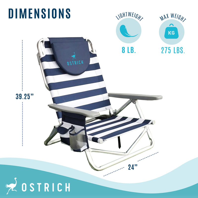 Ostrich On-Your-Back Sand Chair Outdoor Beach Pool Lounge Recliner, Blue Stripe