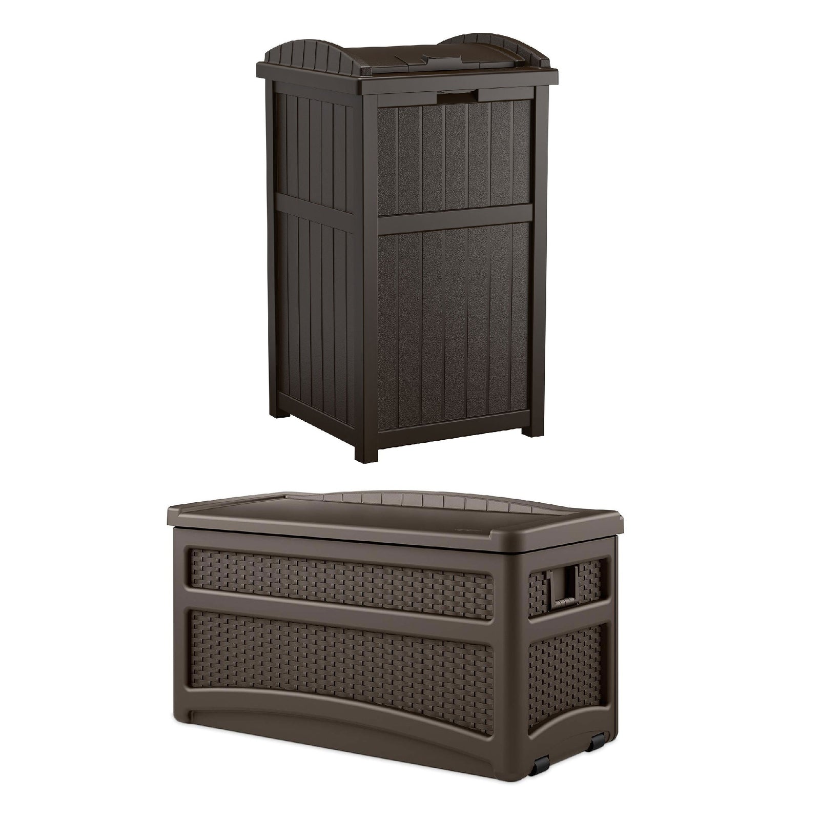 Suncast 73 Gallon Deck Box w/ Seat & Trash Hideaway Outdoor Garbage Bin, Java - VMInnovations