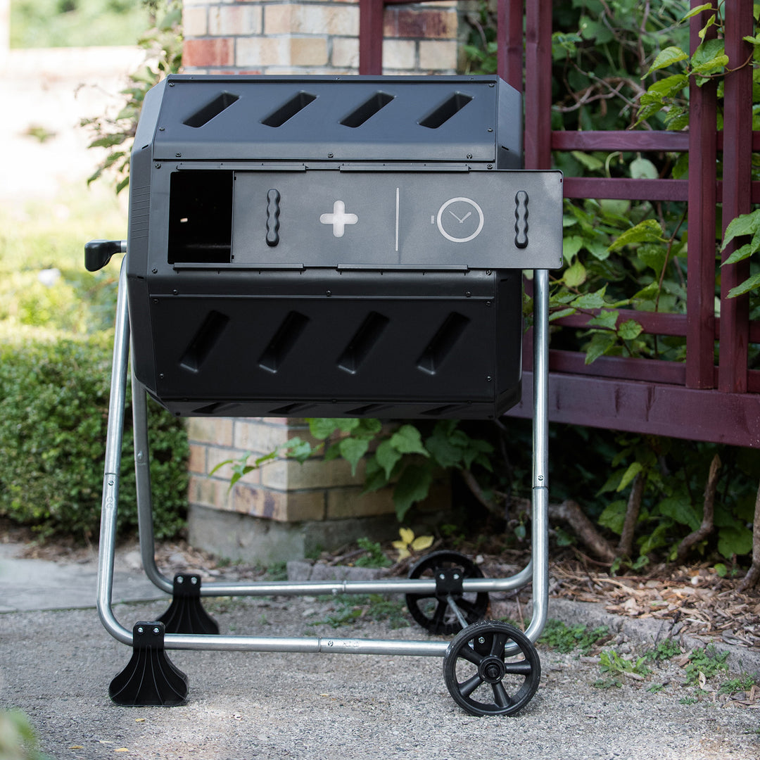 FCMP Outdoor 37 Gallon Dual Chamber Tumbling Composter Bin with Wheels, Black