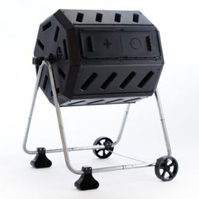 FCMP Outdoor 37 Gallon Dual Chamber Tumbling Composter Bin with Wheels, Black