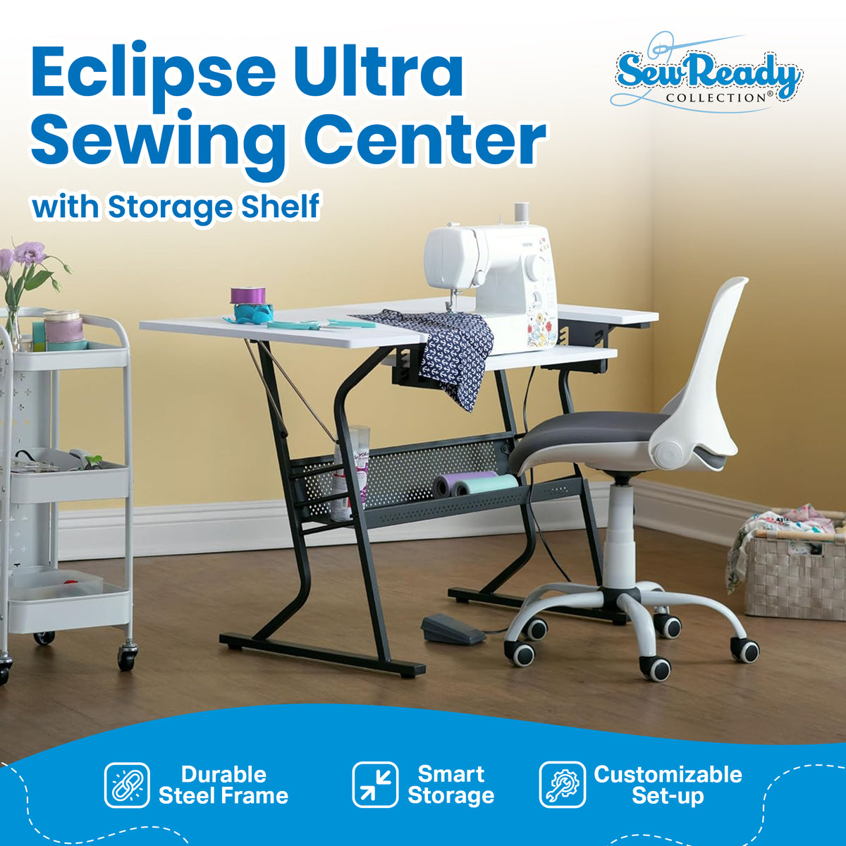 Sew Ready Eclipse Hobby Sewing Table with Storage Drawer and Shelves, Black