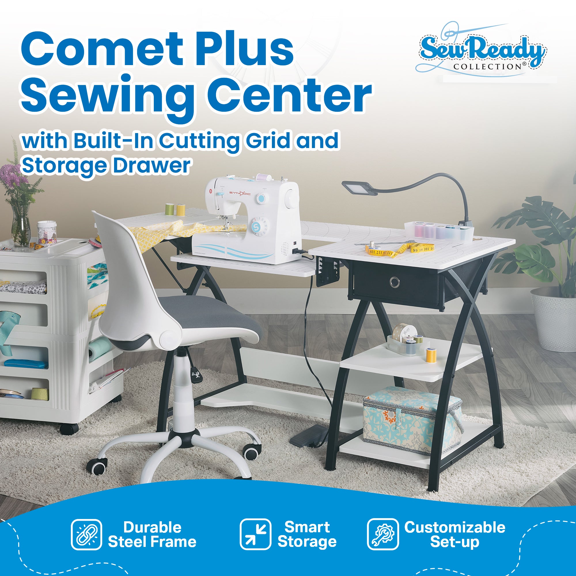Sew Ready Comet Plus Craft Sewing Table with Accurate Fabric Cutting Grid-Top