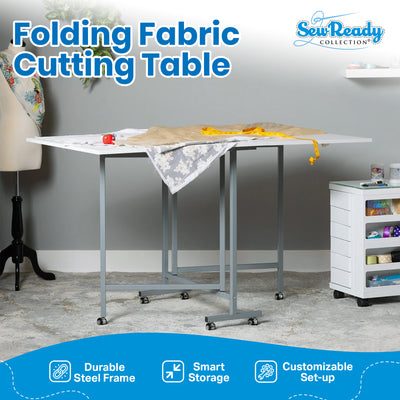 Sew Ready Folding Craft and Cutting Standing Table with Wheels, Silver/White