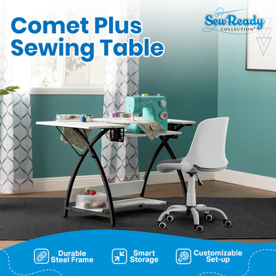 Sew Ready Comet Plus Hobby and Sewing Table with Side & Lower Shelf, Black/White