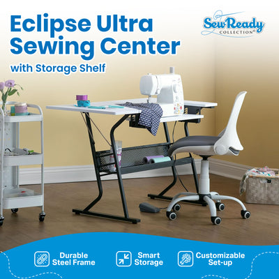 Sew Ready Eclipse Hobby Sewing Table with Storage Drawer and Shelves, Black