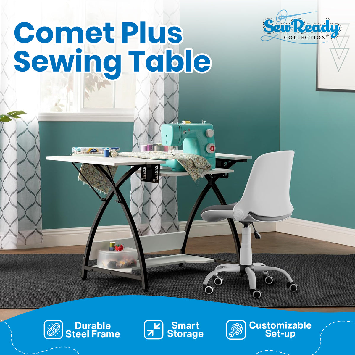 Sew Ready Comet Plus Hobby and Sewing Table with Side & Lower Shelf, Black/White