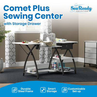 Sew Ready Comet Plus Hobby Sewing Table with Storage Drawer and Shelves, Black - VMInnovations