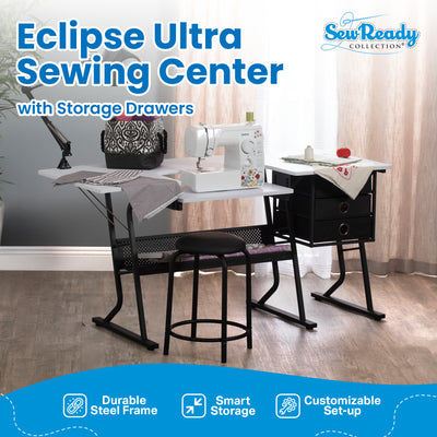 Sew Ready Eclipse Hobby Sewing Table with Storage Drawer and Shelves, Black