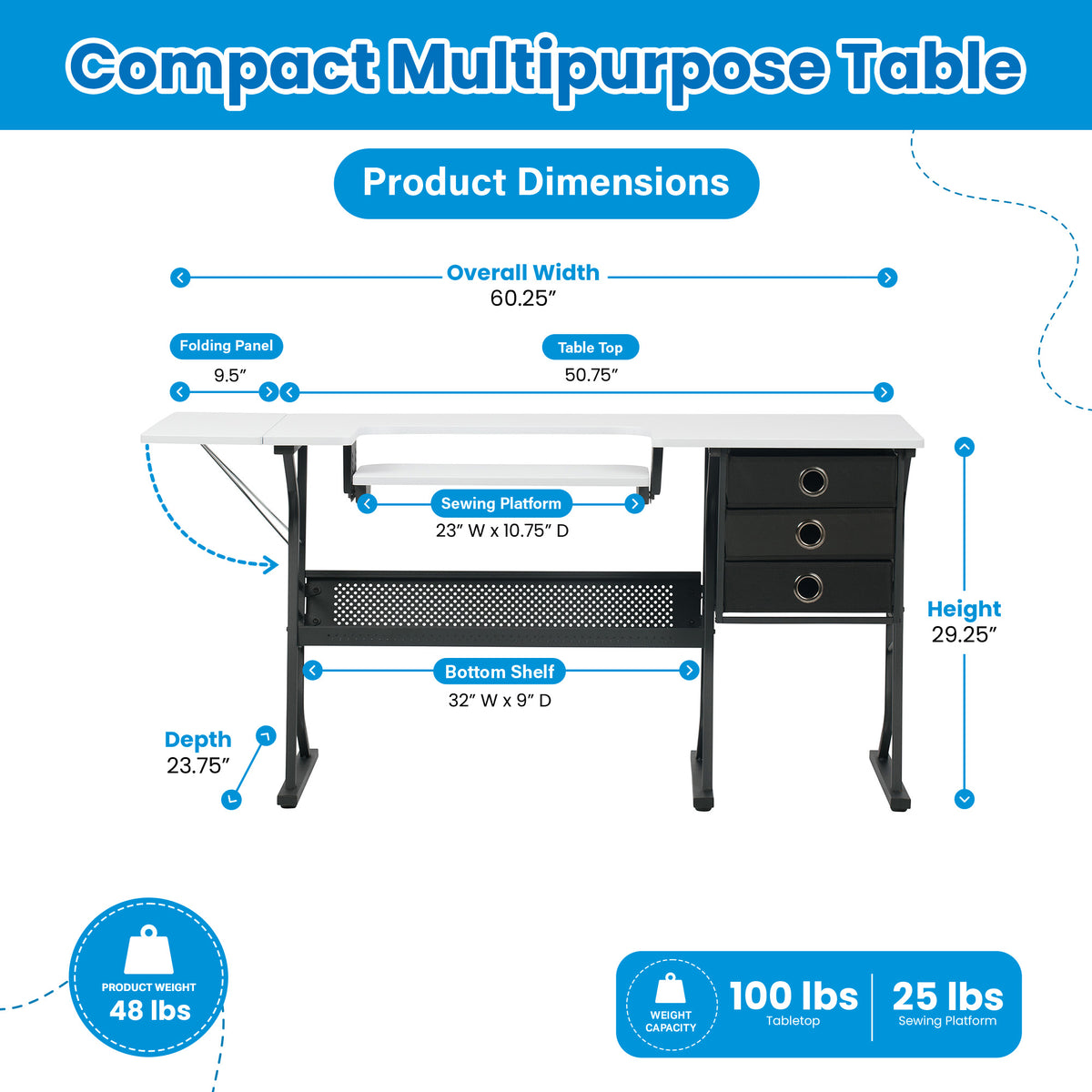 Sew Ready Eclipse Hobby Sewing Table with Storage Drawer and Shelves, Black