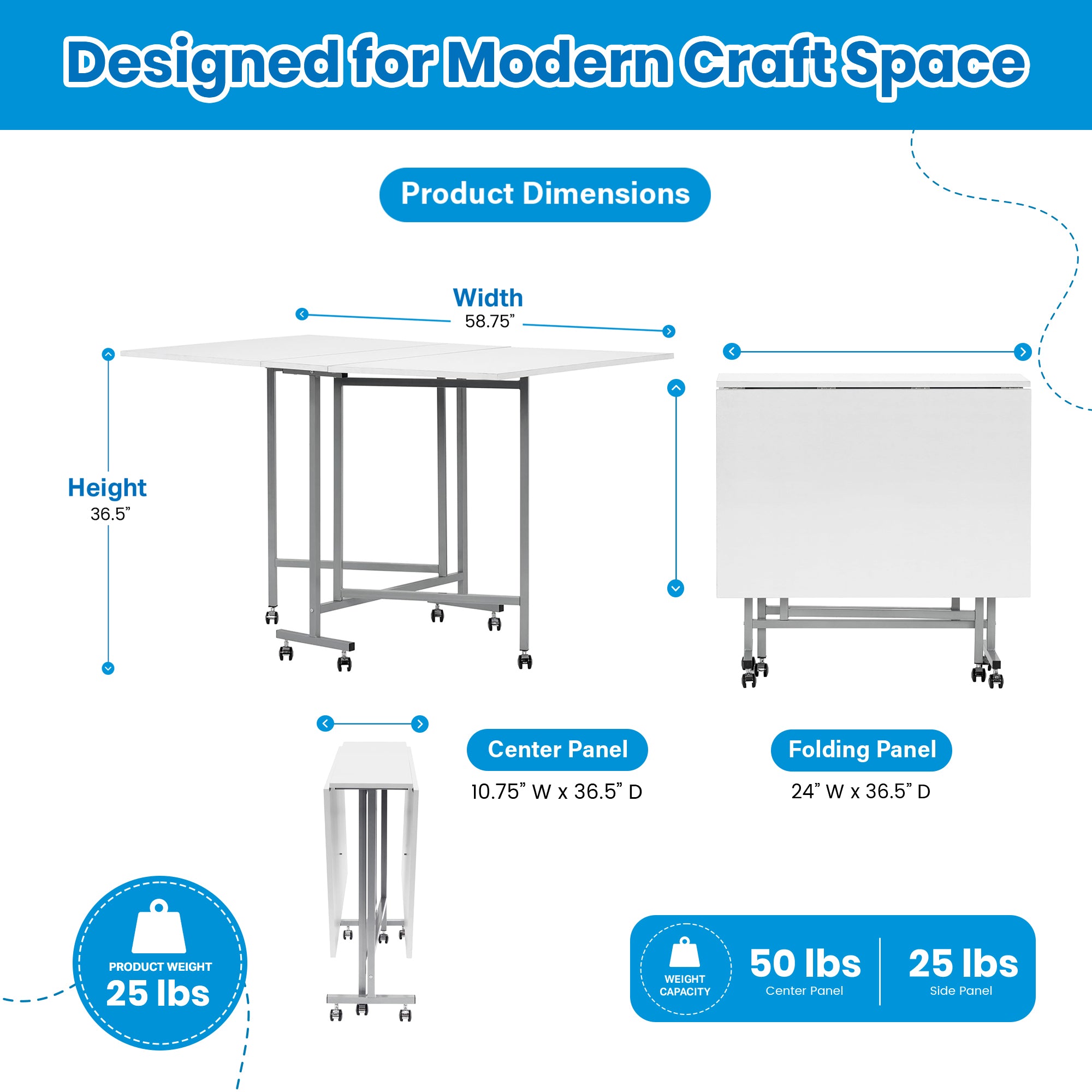 Sew Ready Folding Craft and Cutting Standing Table with Wheels, Silver/White