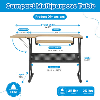 Sew Ready Eclipse Hobby Sewing Table with Storage Drawer and Shelves, Maple