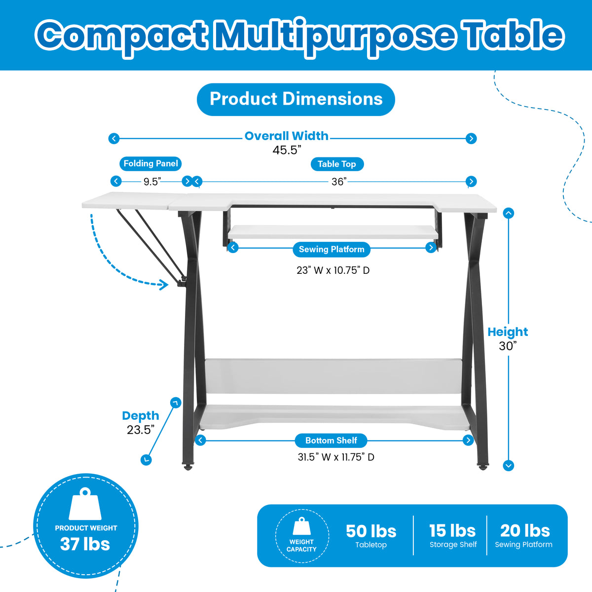 Sew Ready Comet Plus Hobby and Sewing Table with Side & Lower Shelf, Black/White